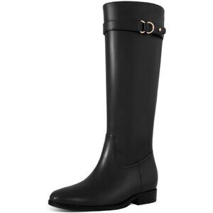 Women's 3/black Flat Round Toe Low Heel Comfortable Side Zipper Knee High Boots